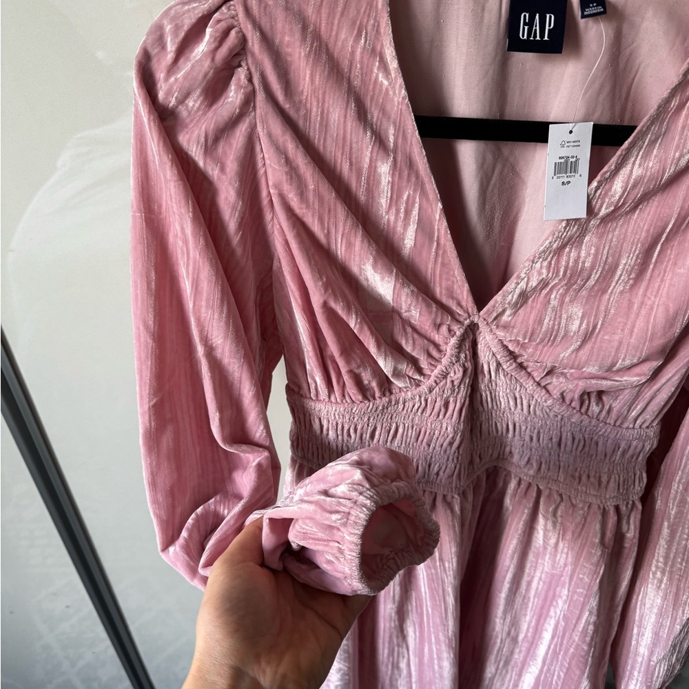NWT GAP | Pink Velvet Smocked Mini Dress, Long Sleeves, small - Picture 5 of 9